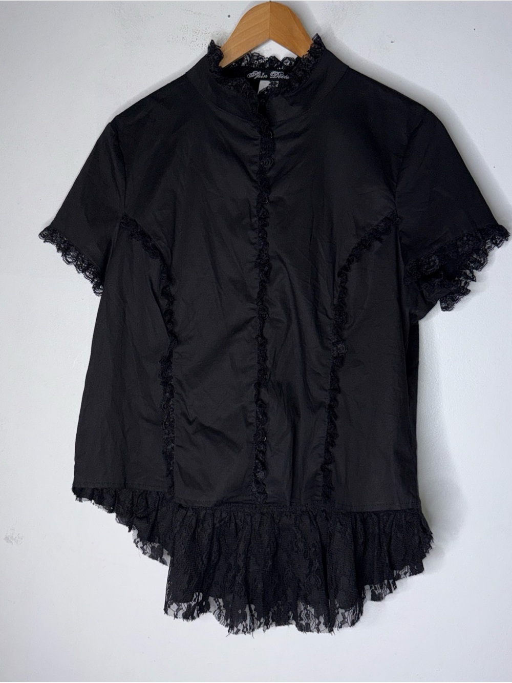 spin doctor Black Short Sleeve Button Down Lace Detail Emo Gothic Steampunk 3XL